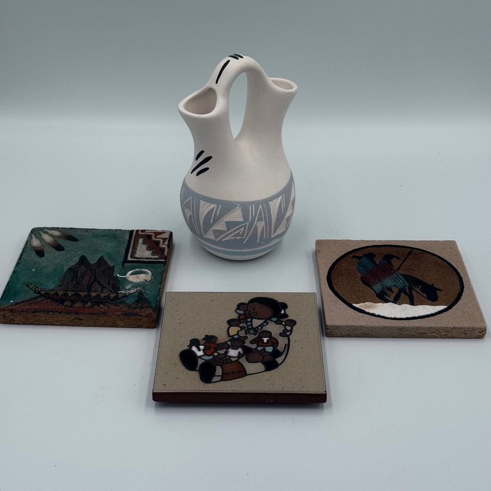 Navajo Art Lot 4pc Silas NAV‎ Wedding Vase Teissedre Tile Alex Lee Sandpainting